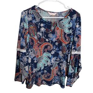 Amana Blouse Women's Large Round Neck Paisley 3/4 Sleeve Colorful Top Shirt